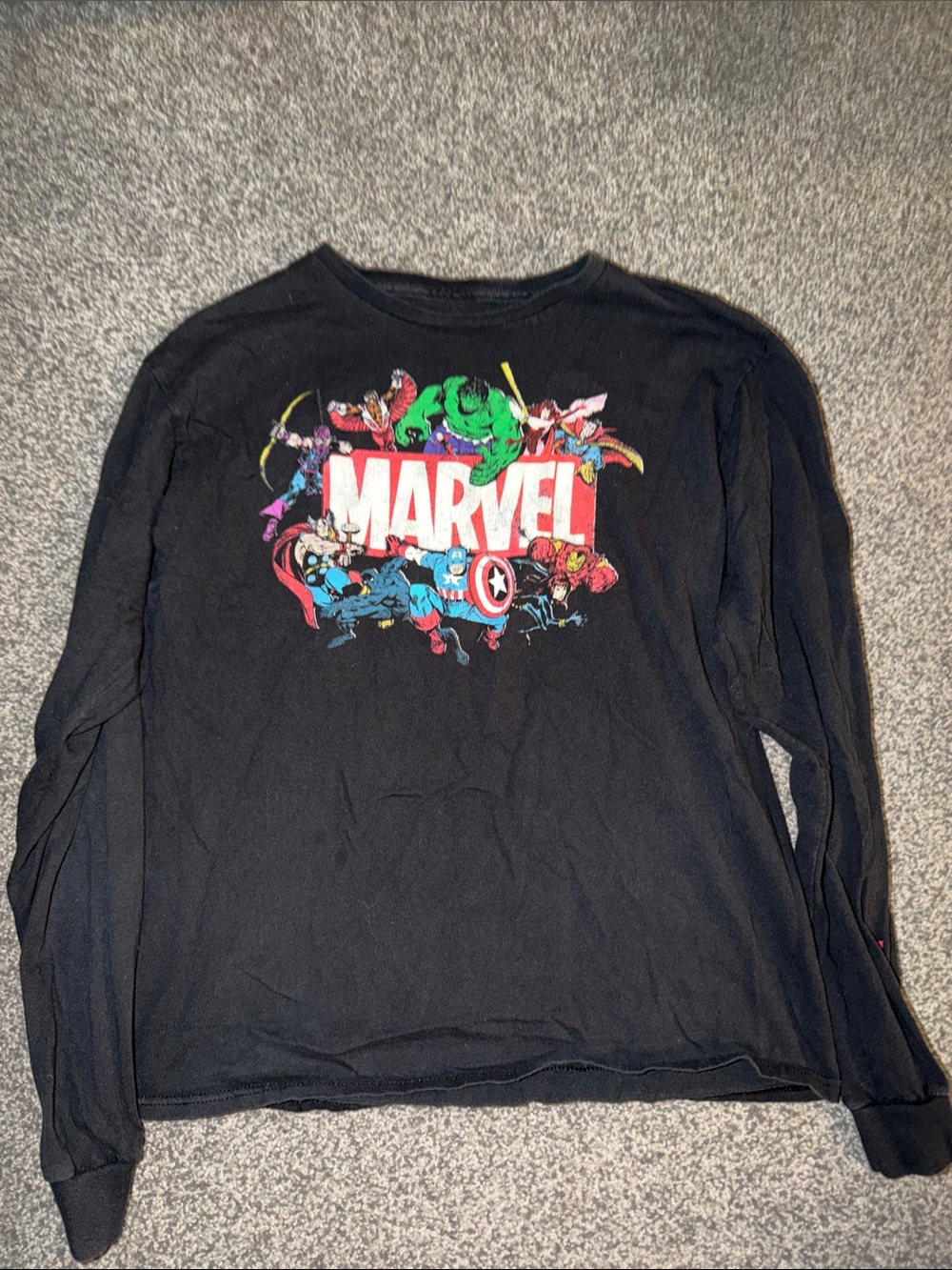Marvel Black Long Sleeve Tee with Colorful Superhero Graphic